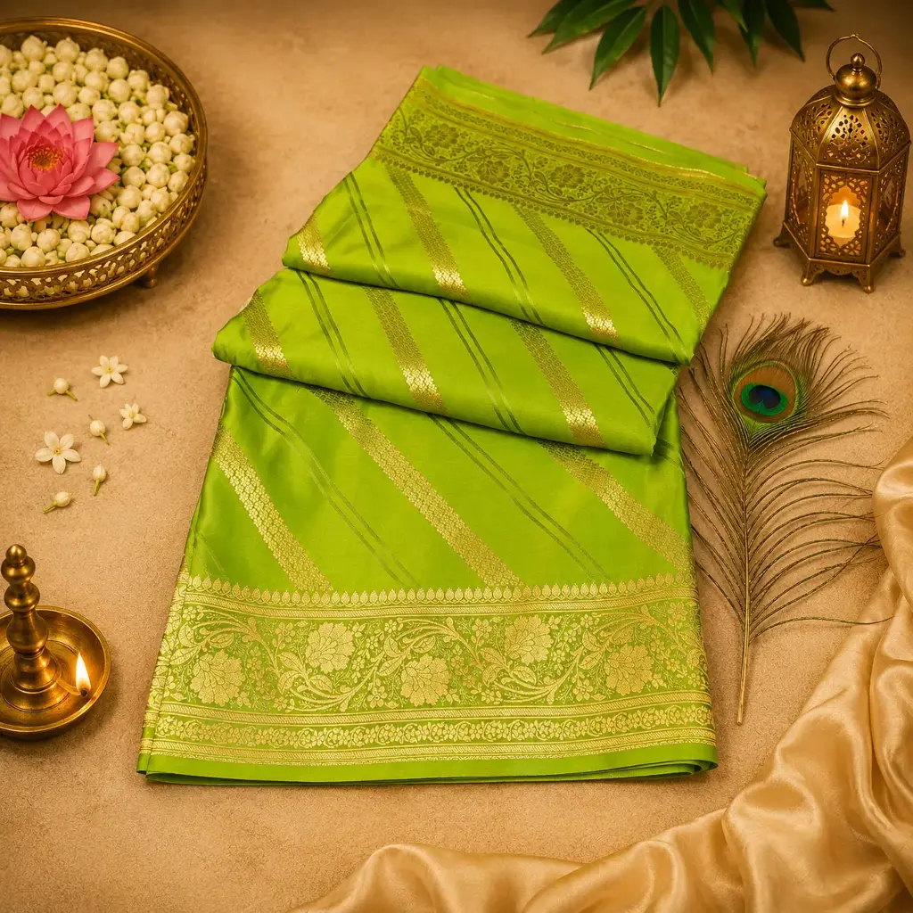 Elegant Lime Green Banarasi Silk Saree with Golden Zari Border and Floral Pallu