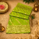 Elegant Lime Green Banarasi Silk Saree with Golden Zari Border and Floral Pallu