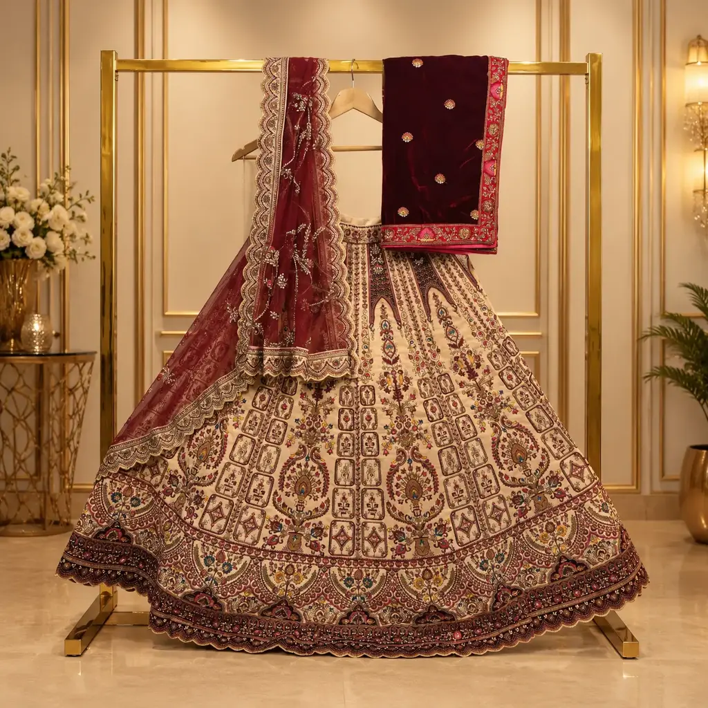 Women's Ivory Bridal Lehenga Choli with Maroon Embroidery, Sequins and Dual Dupatta
