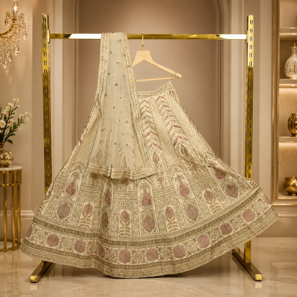 Women's Ivory Bridal Lehenga Choli with Gold & Pink Embroidery and Matching Net Dupatta