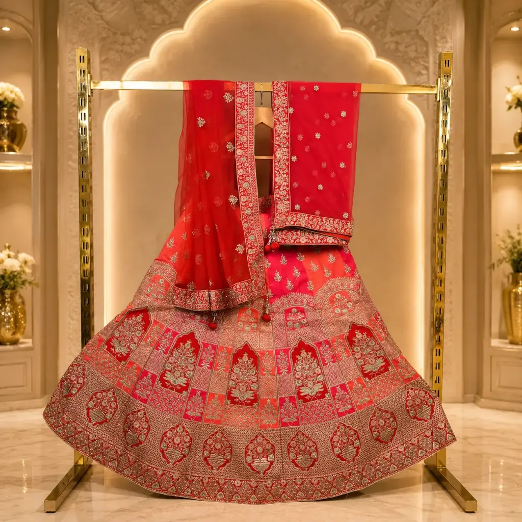 Women's Red Bridal Lehenga Choli with Heavy Embroidery and Matching Net Dupatta