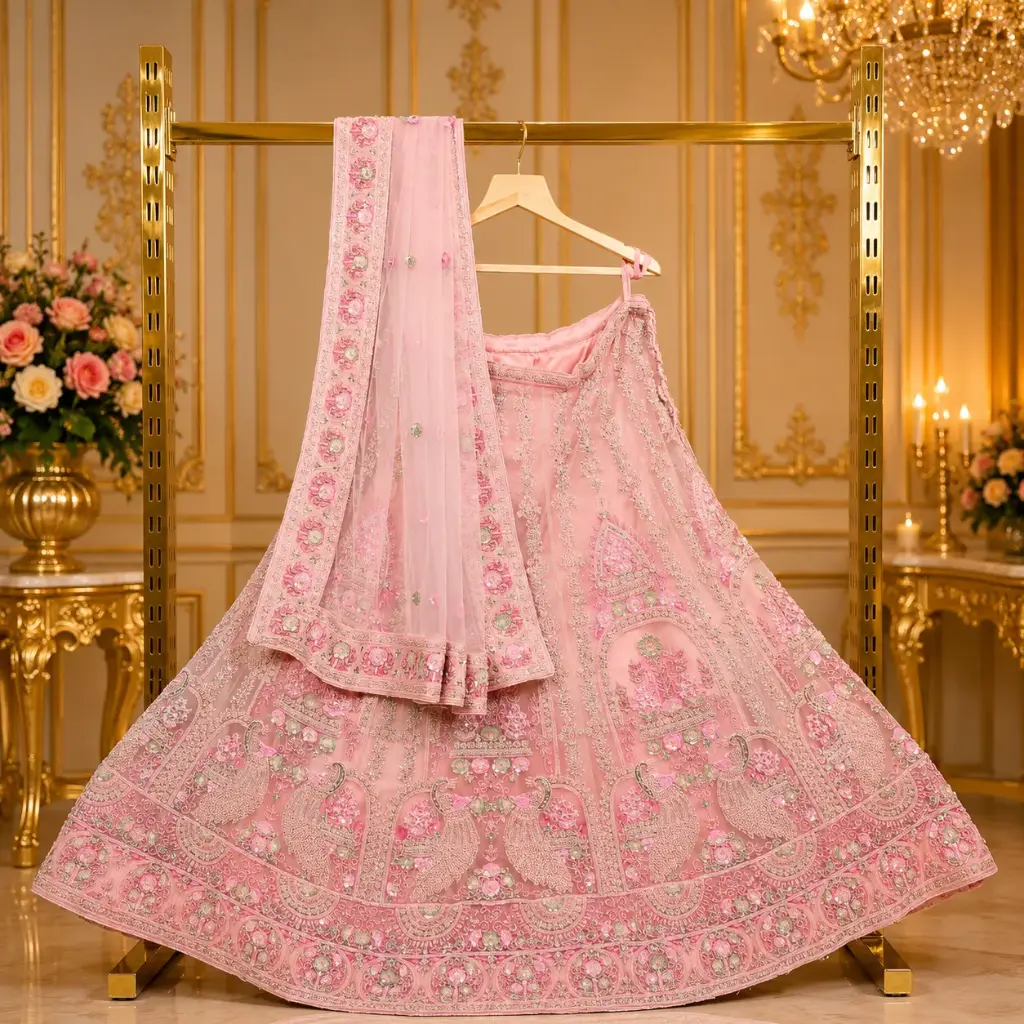 Women's Blush Pink Bridal Lehenga Choli with Peacock Embroidery, Sequins and Embroidered Net Dupatta