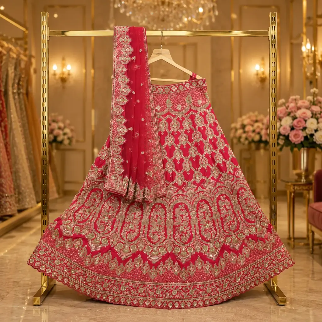 Women's Fuchsia Pink Bridal Lehenga Choli with Gold Embroidery and Matching Net Dupatta Wedding Set