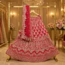 Women's Fuchsia Pink Bridal Lehenga Choli with Gold Embroidery and Matching Net Dupatta Wedding Set