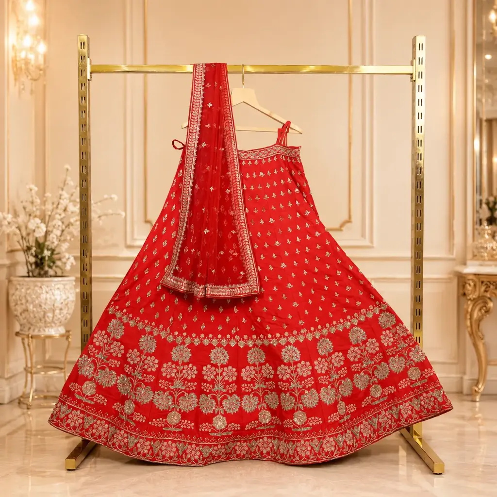 Women's Coral Red Bridal Lehenga Choli with Gold Floral Embroidery and Matching Dupatta
