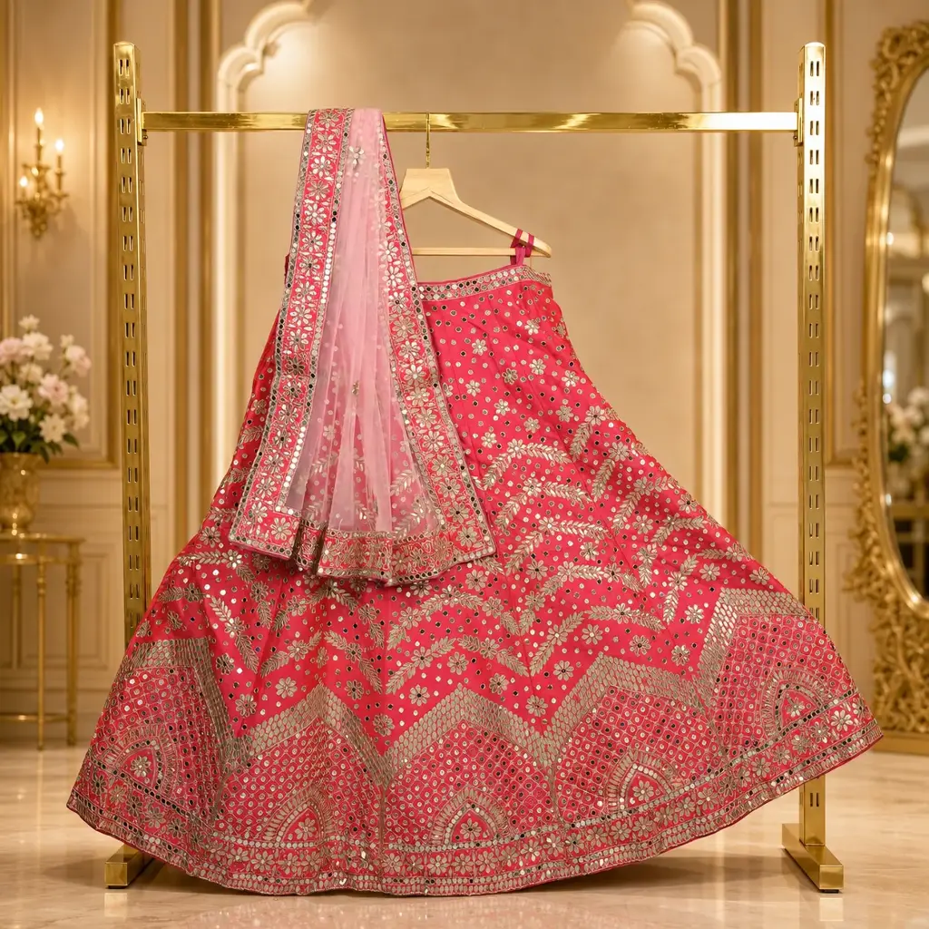 Women's Coral Pink Lehenga Choli with Mirror Work and Blush Net Dupatta