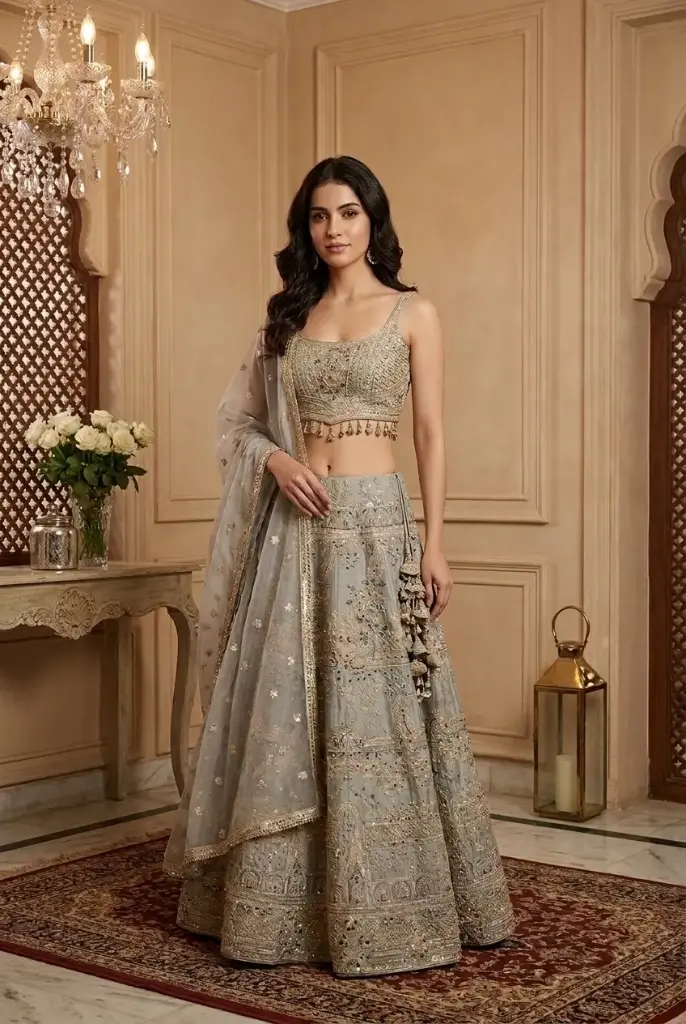 Exquisite Grey Embroidered Chanya Choli Lehenga Set
