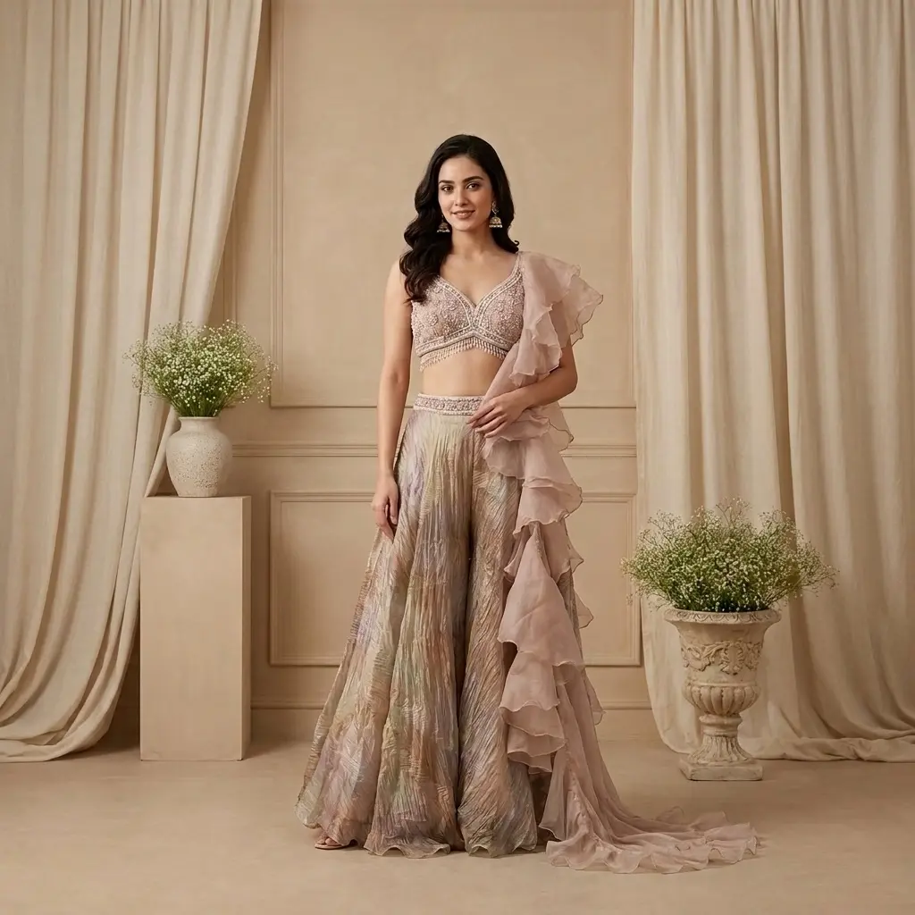 Blush Pink Embellished Crop Top and Metallic Pleated Skirt Set