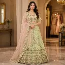 Women's Pastel Green Floral Lehenga Choli with Pink Net Dupatta