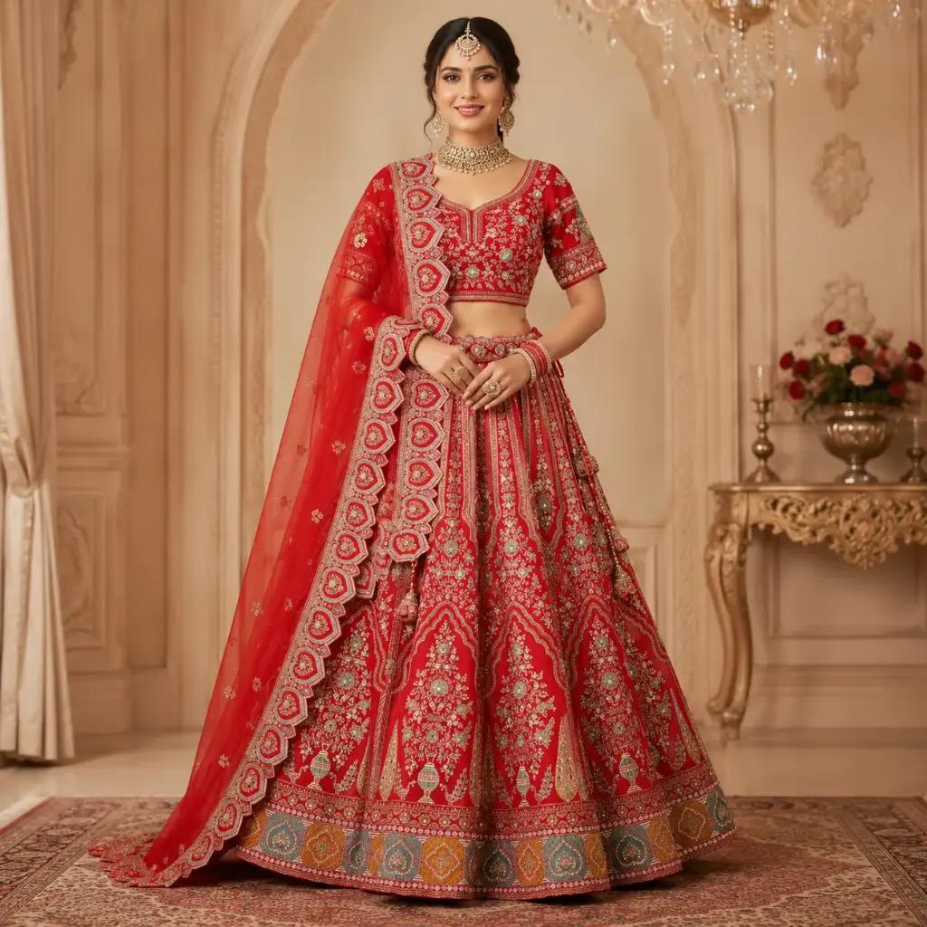 Women's Red Embroidered Lehenga Choli with Net Dupatta for Bridal Wedding and Festive Party Wear Set