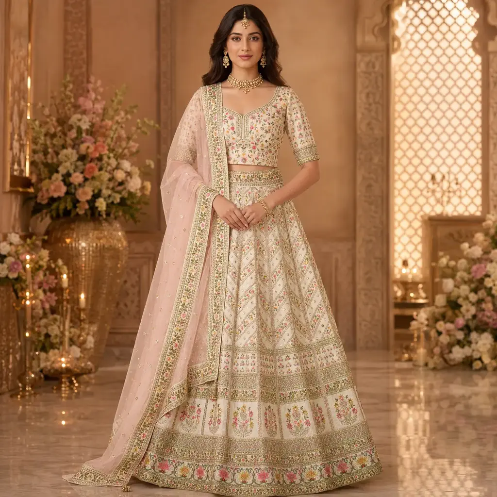 Women's Ivory Embroidered Lehenga Choli with Pink Net Dupatta