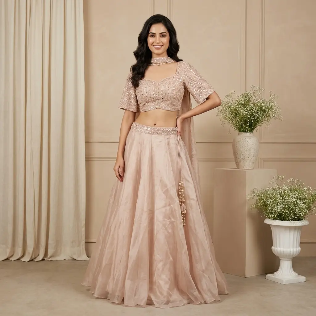 Blush Pink Embroidered Crop Top and Shimmer Tissue Skirt Set