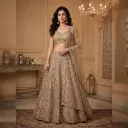 Champagne Taupe Embroidered Net Lehenga Choli Set