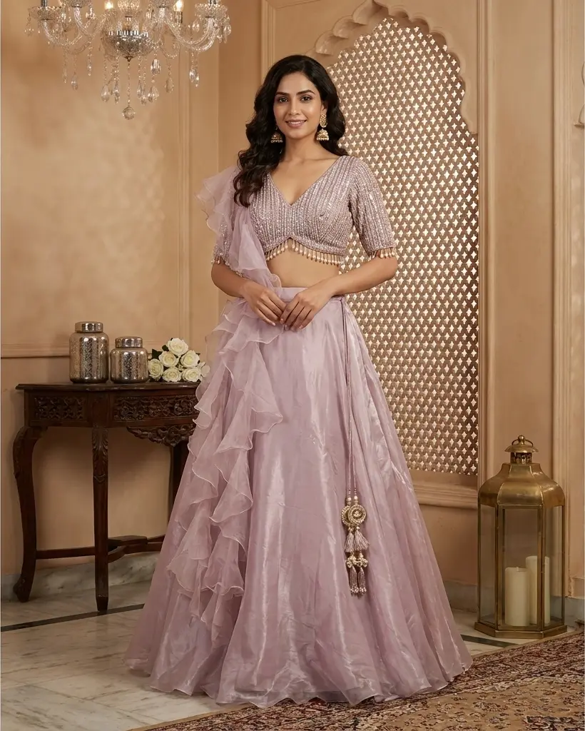 Dusty Lilac Embellished Crop Top Lehenga with Ruffled Dupatta