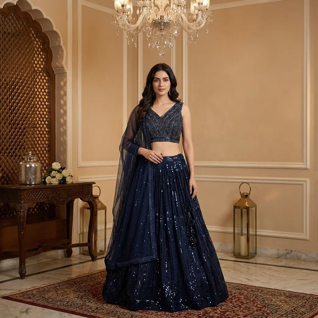 Midnight Navy Embroidered Net Crop Top Lehenga Set