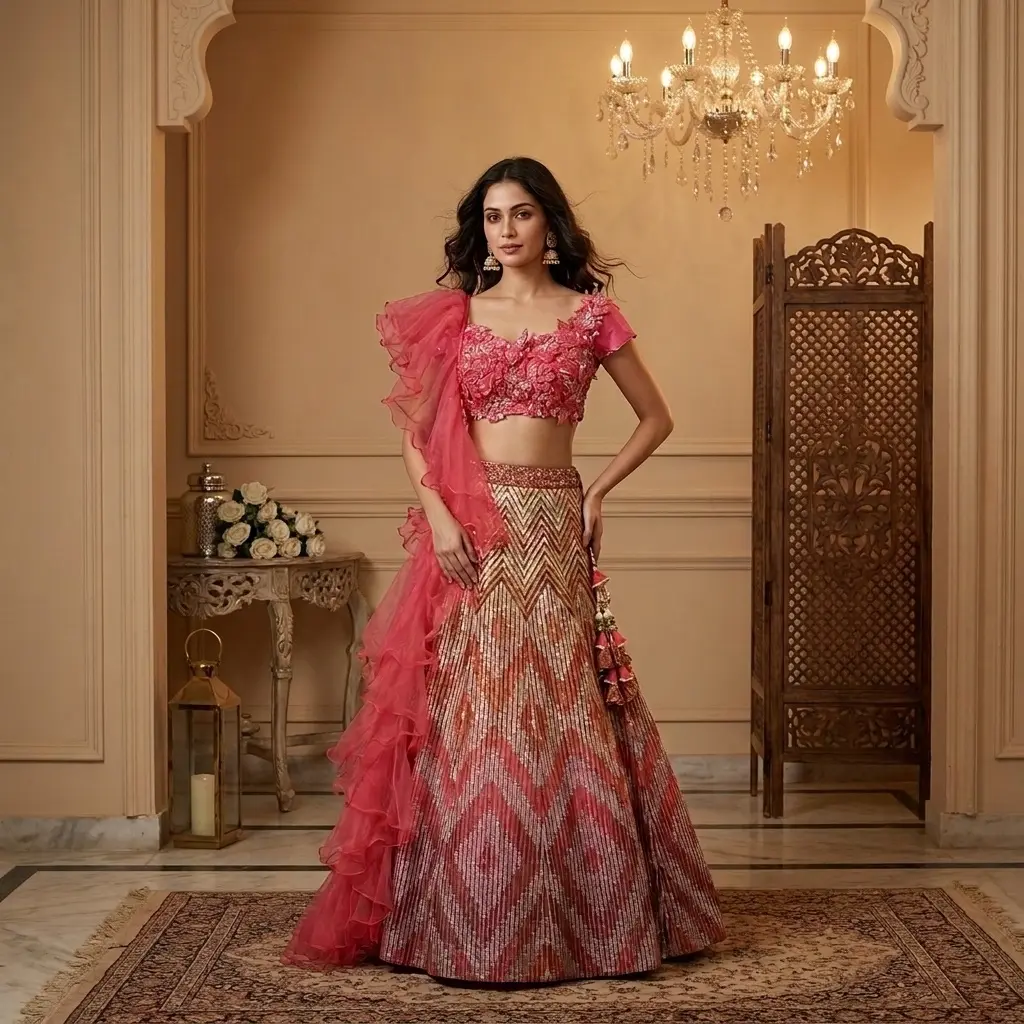 Rose Pink 3D Floral Crop Top and Chevron Sequin Lehenga Set