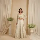 Off White Sequin Embroidered Crop Top Skirt with Jacket