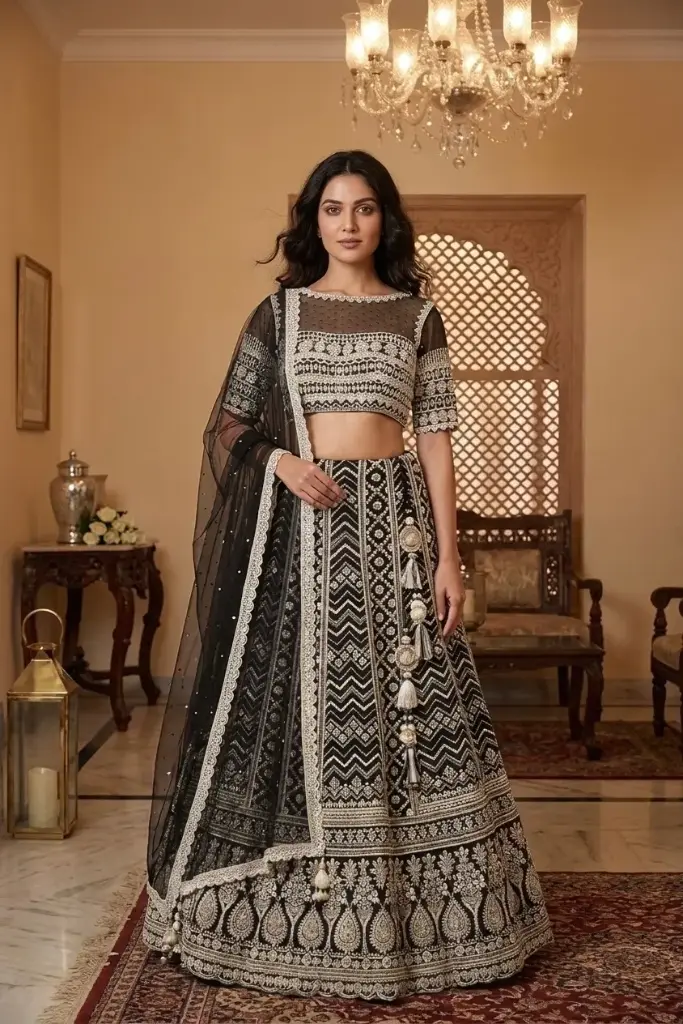 Black Georgette Embroidered Lehenga Set with Sheer Illusion Blouse