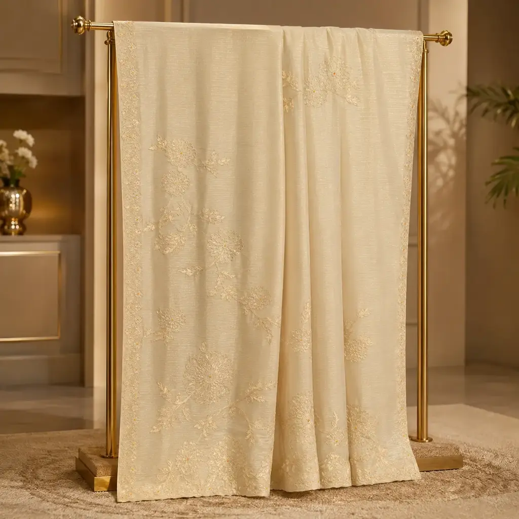 Ivory Saree with Floral Thread Embroidery and Delicate Border