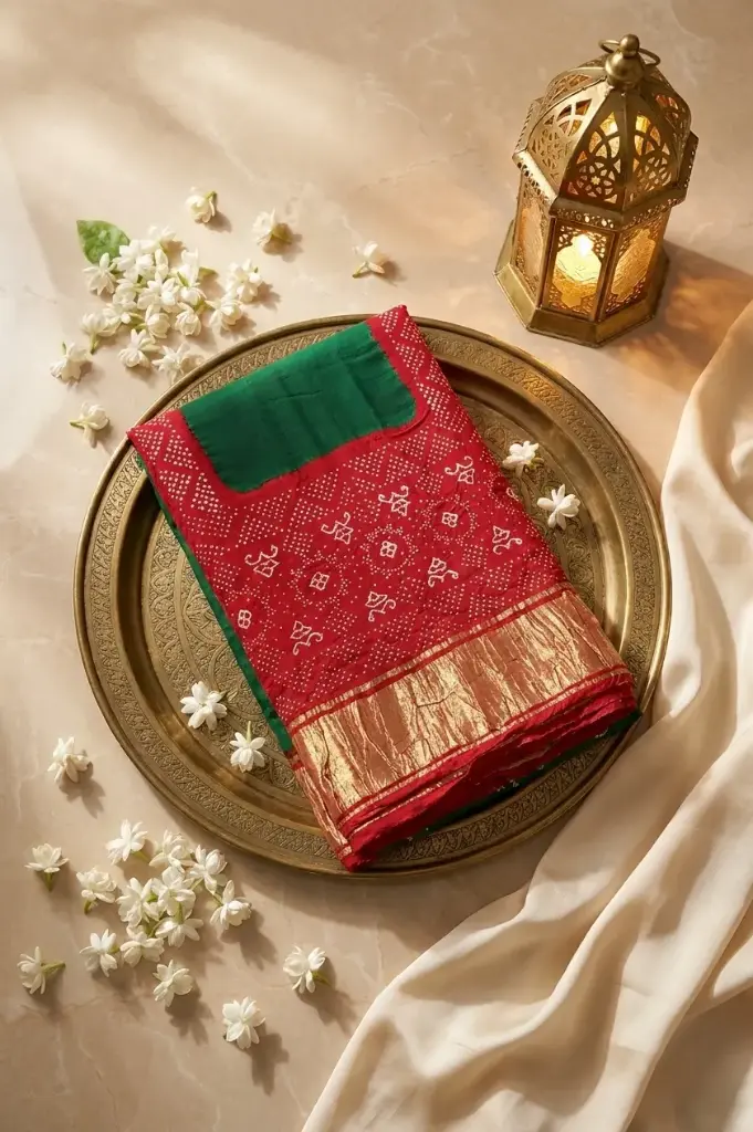 Red and Green Bandhani Georgette Saree with Zari Border