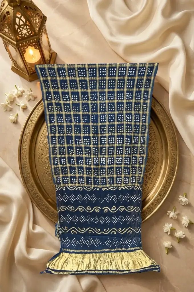 Royal Blue Handcrafted Bandhani Saree with Zari Checks