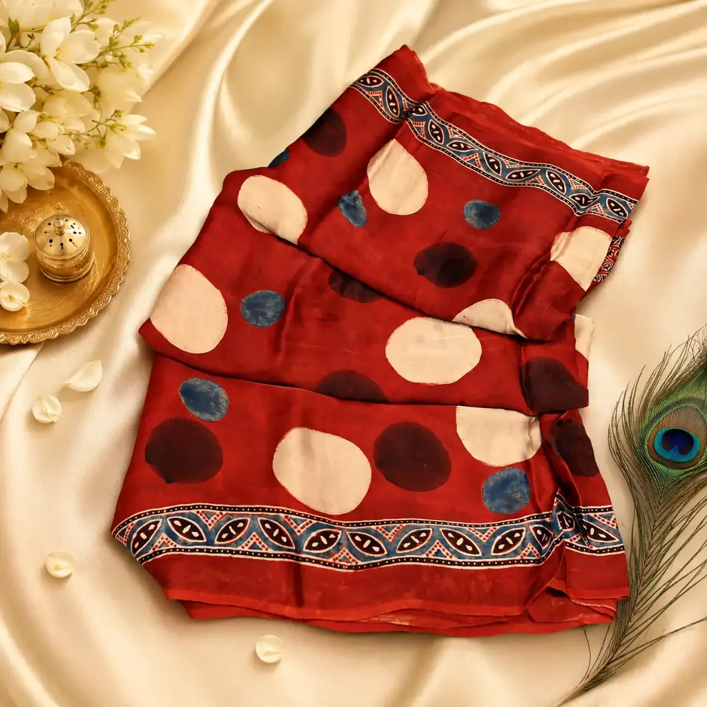 Women's Rust Red Polka Dot Printed Saree with Ethnic Border