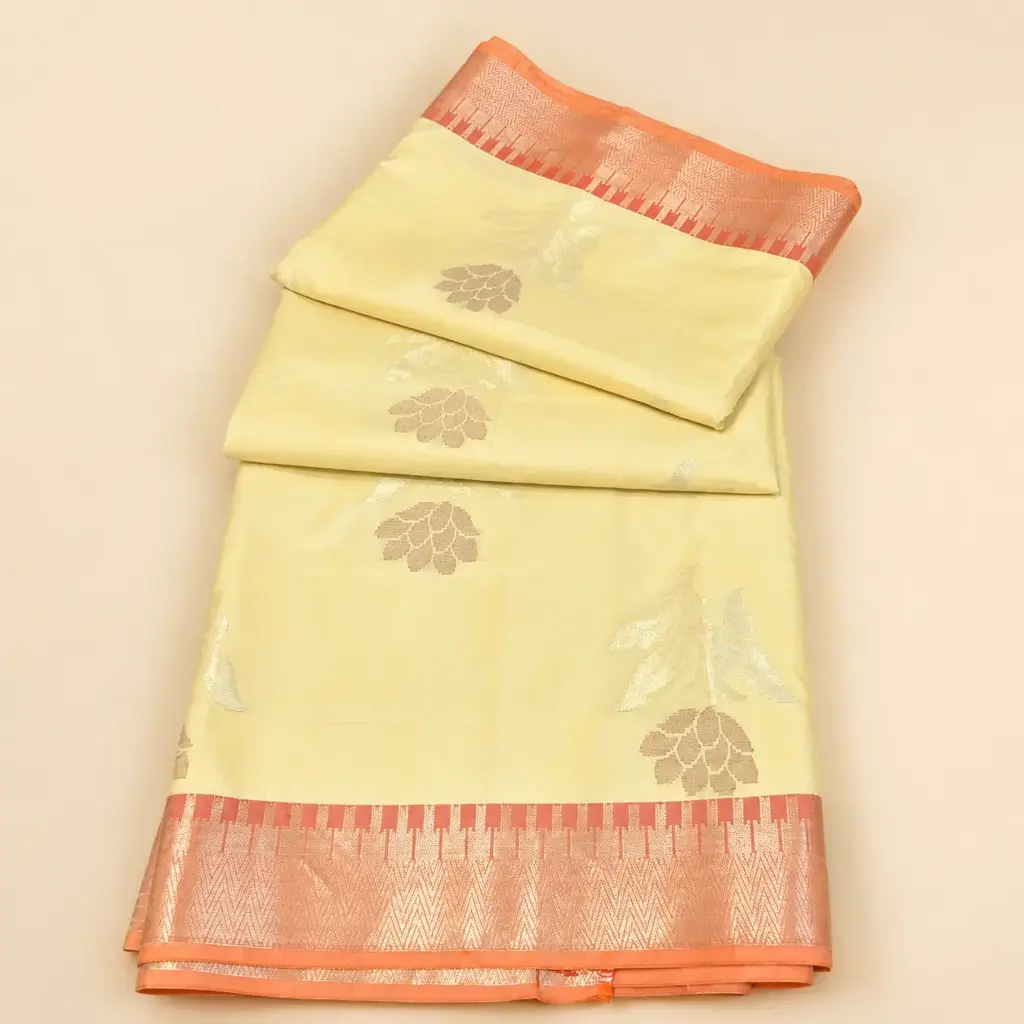 Lemon Yellow Gold Banarasi Style Saree with Copper Zari Border 