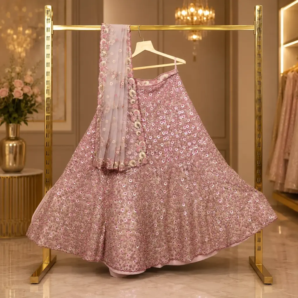 Women's Blush Pink Lehenga Choli with Sequin Embroidery and Net Dupatta