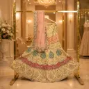 Women's Cream Bridal Lehenga Choli with Floral Embroidery & Peach Net Dupatta Wedding Set for Women