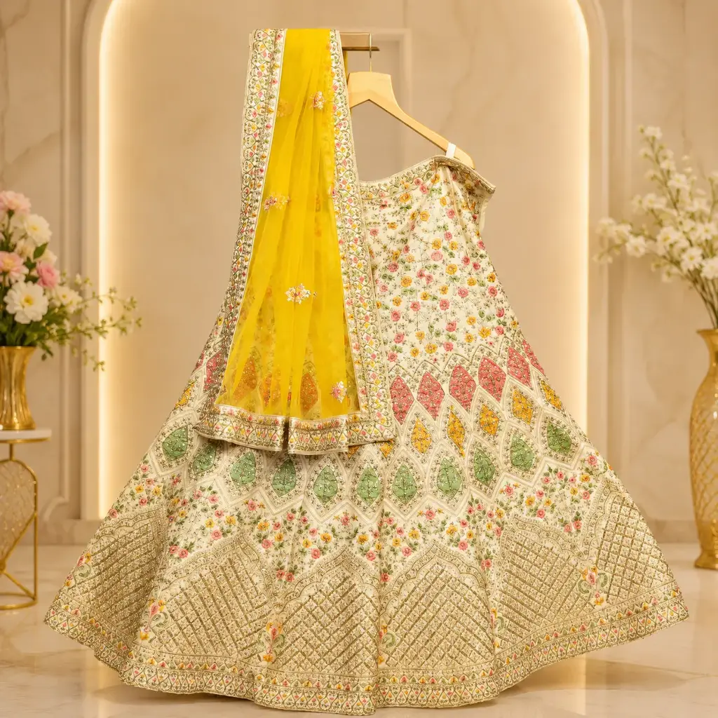 Women's Ivory Floral Embroidered Lehenga Choli with Yellow Net Dupatta