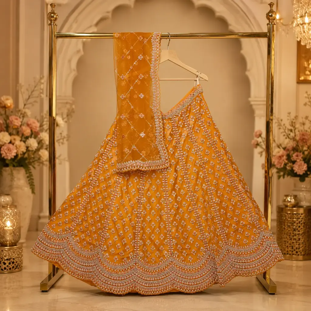 Women's Mustard Orange Embroidered Lehenga Choli with Dupatta