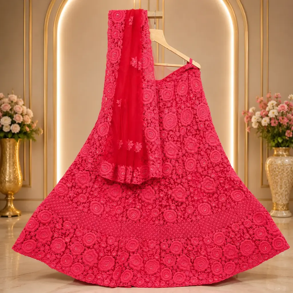 Women's Coral Pink Floral Embroidered Lehenga Choli with Net Dupatta