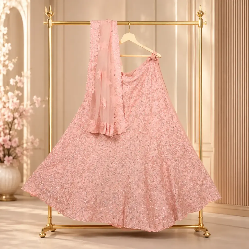 Women's Blush Pink Lehenga Choli with Heavy Sequin Embroidery and Matching Dupatta