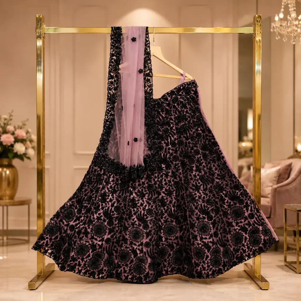 Women's Mauve Pink Black Embroidered Lehenga Choli Set with Net Dupatta