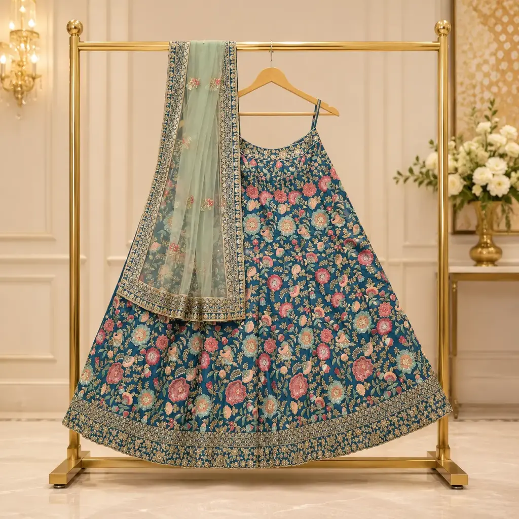 Women's Teal Blue Floral Embroidered Lehenga Choli with Mint Net Dupatta
