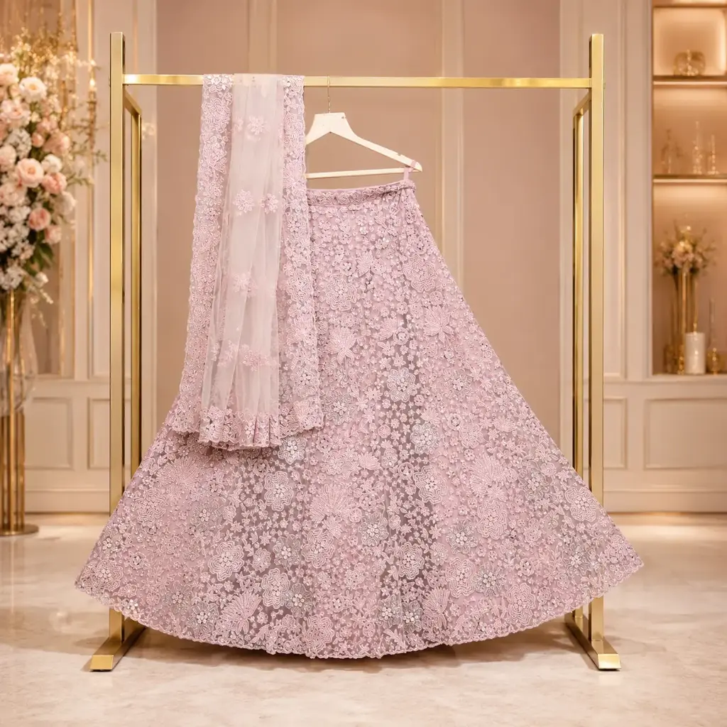 Pastel Lilac Embroidered Lehenga Choli with Floral Sequin Work and Net Dupatta