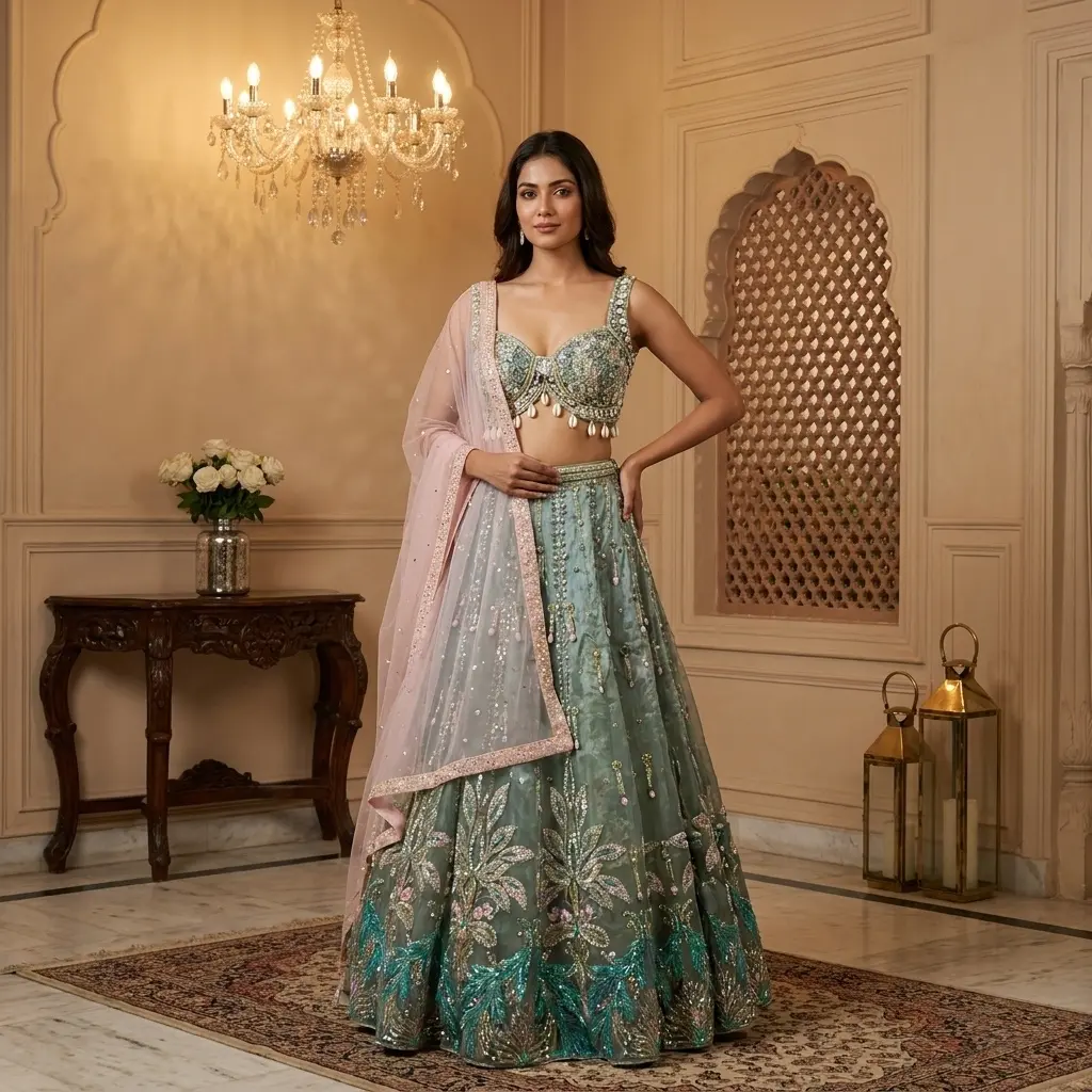 Sea Green Embroidered Lehenga Set with Cowrie Shell Bustier