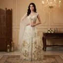 Cream Net Embroidered Crop Top Lehenga Set with Pearl Accents