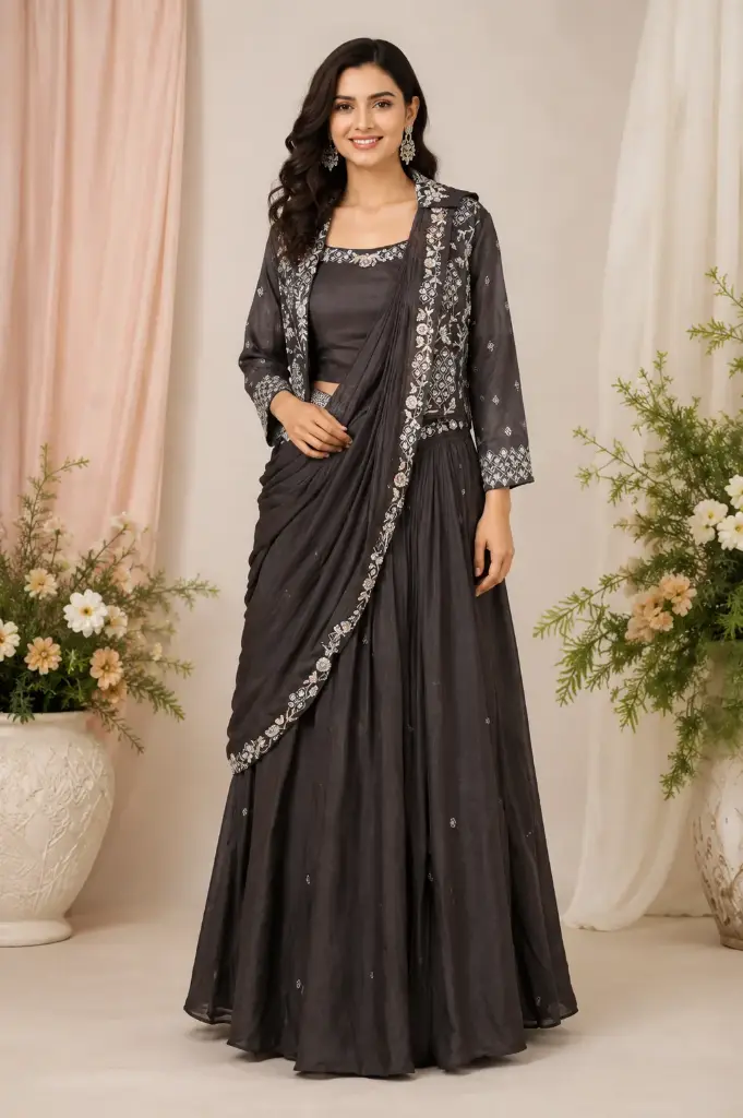 Charcoal Grey Designer Crop Top with Draped Skirt & Embroidered Jacket Co-Ord