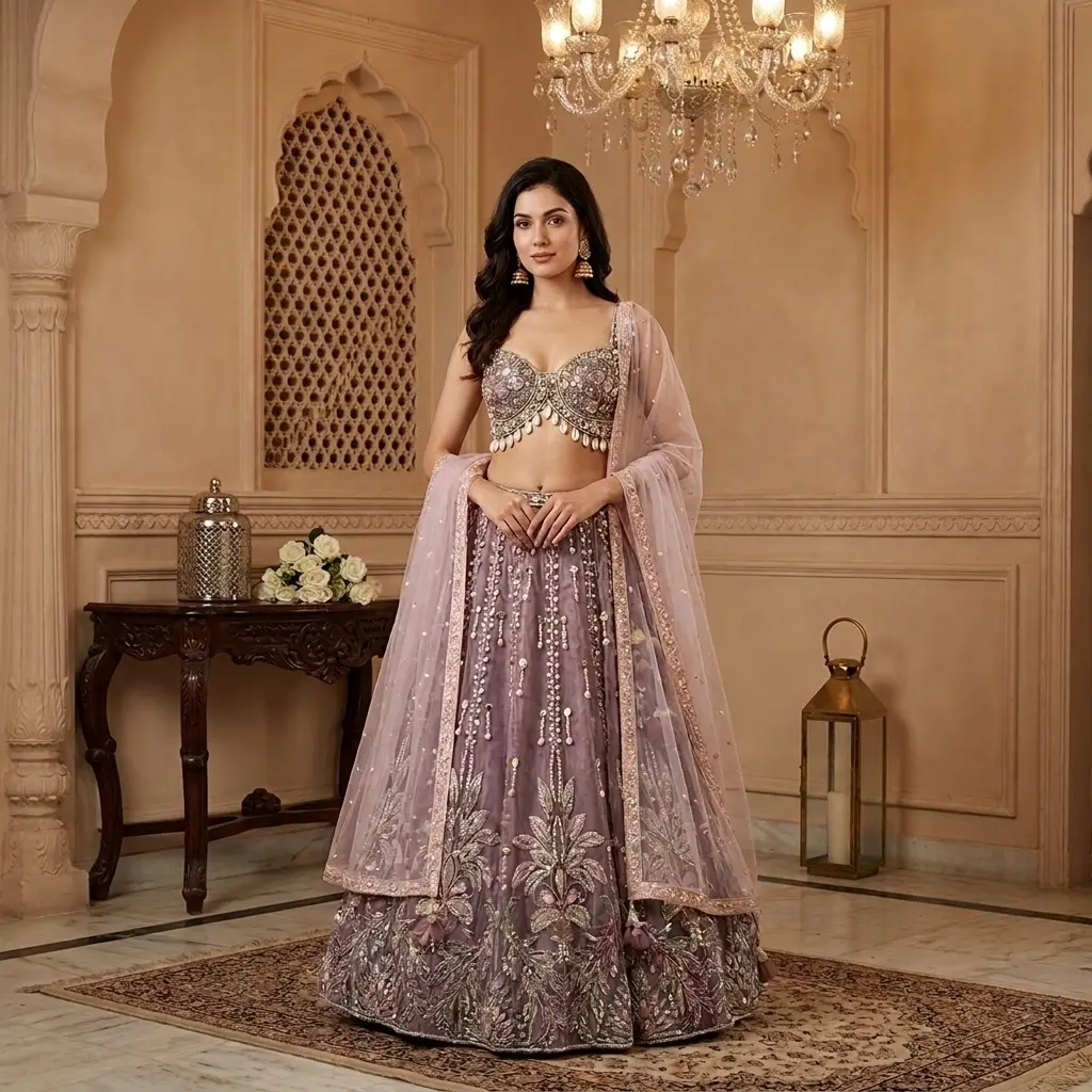 Lavender Embellished Bustier Lehenga Set with Cowrie Shell Drops