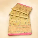 Yellow Gold Banarasi Style Saree with Pink Border and Multicolor Floral Zari