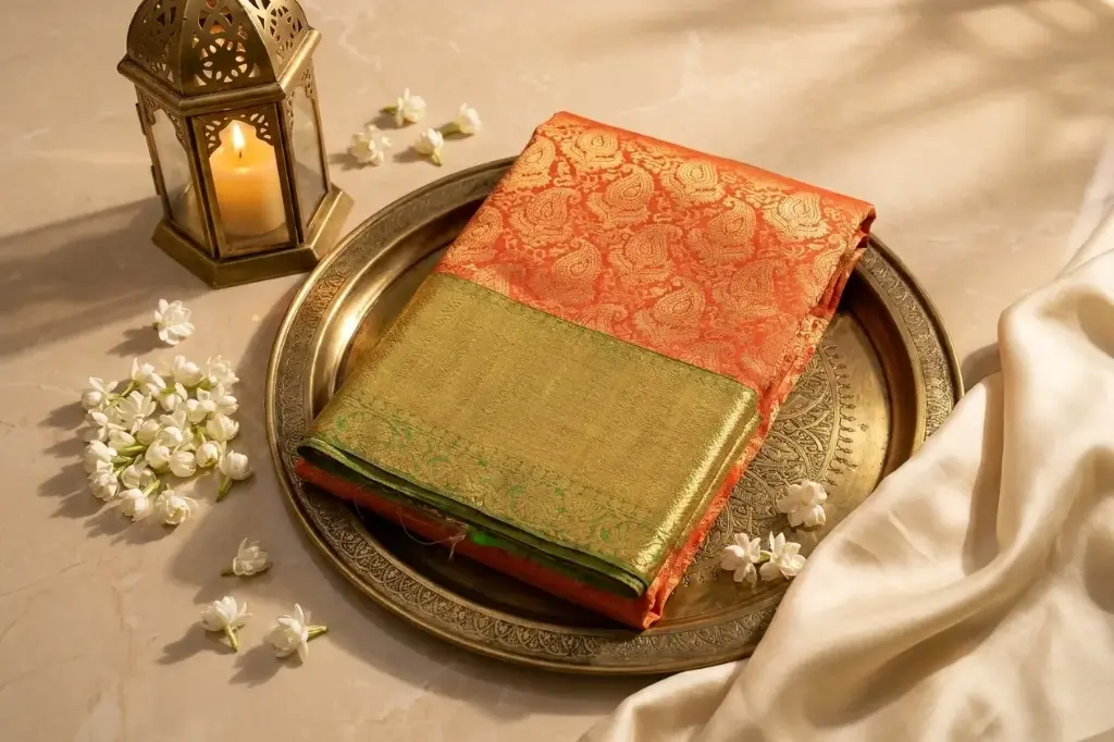 Sunset Orange Pure Silk Brocade Saree with Gold Zari