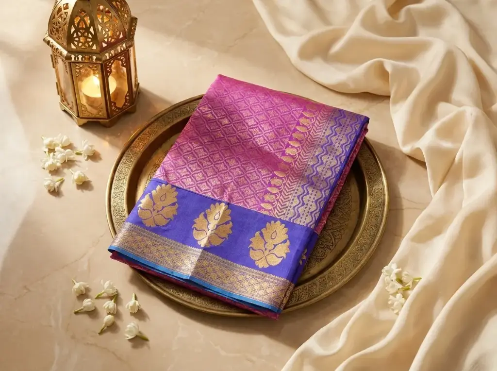 Magenta and Royal Blue Silk Saree with Zari Weaving