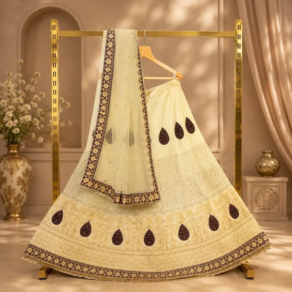 Women's Ivory Lehenga Choli with Gold Embroidery and Net Dupatta