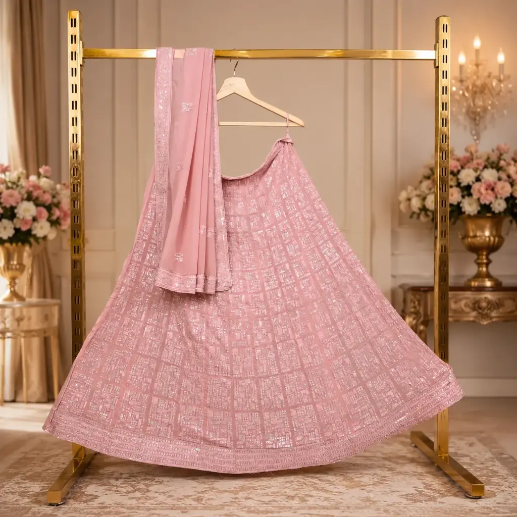 Women's Blush Pink Sequin Lehenga Choli with Matching Dupatta for Wedding and Festive Party Wear Set