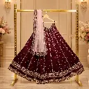 Women's Wine Embroidered Lehenga Choli with Pink Net Dupatta