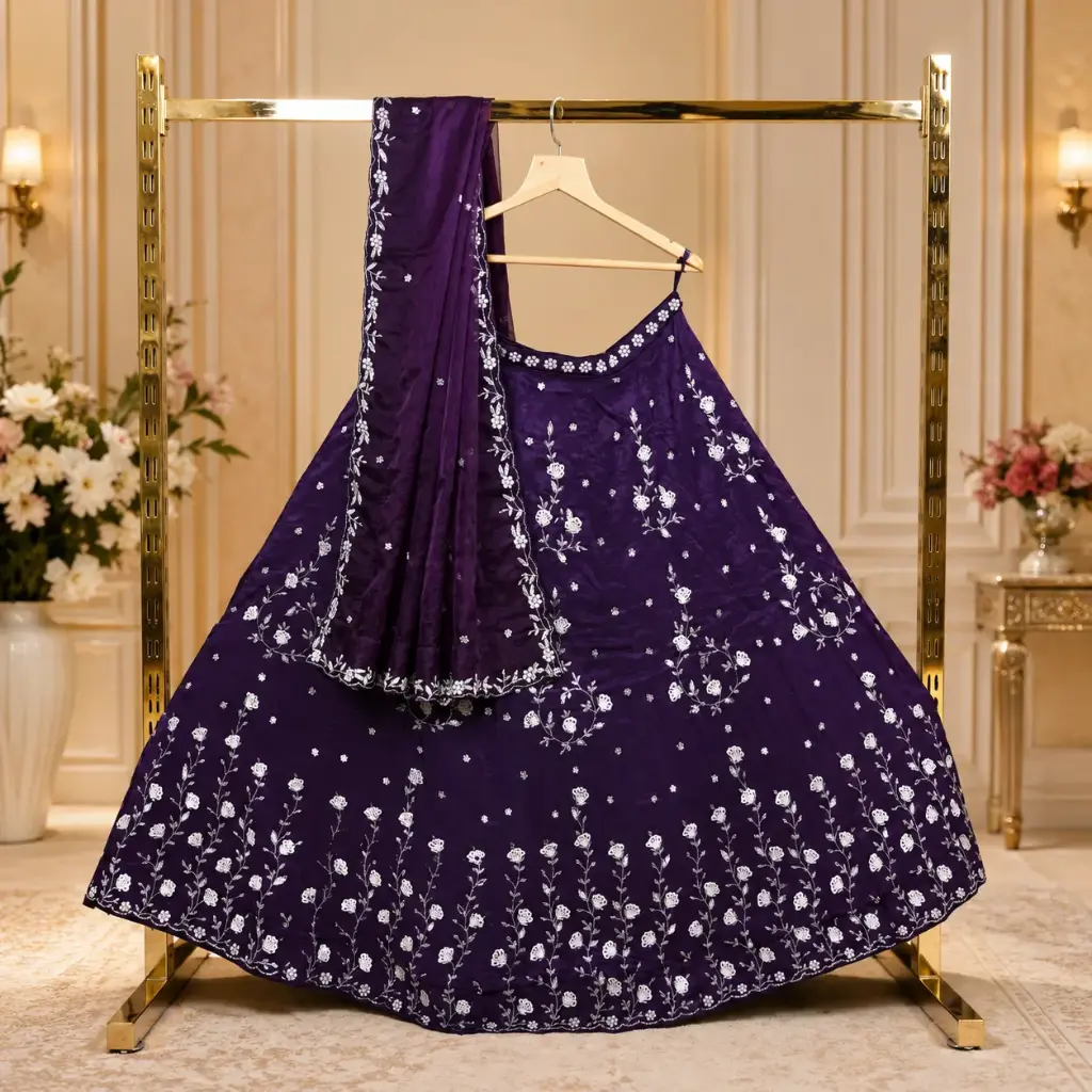Women's Deep Purple Lehenga Choli with White Floral Embroidery and Matching Dupatta for Wedding Wear