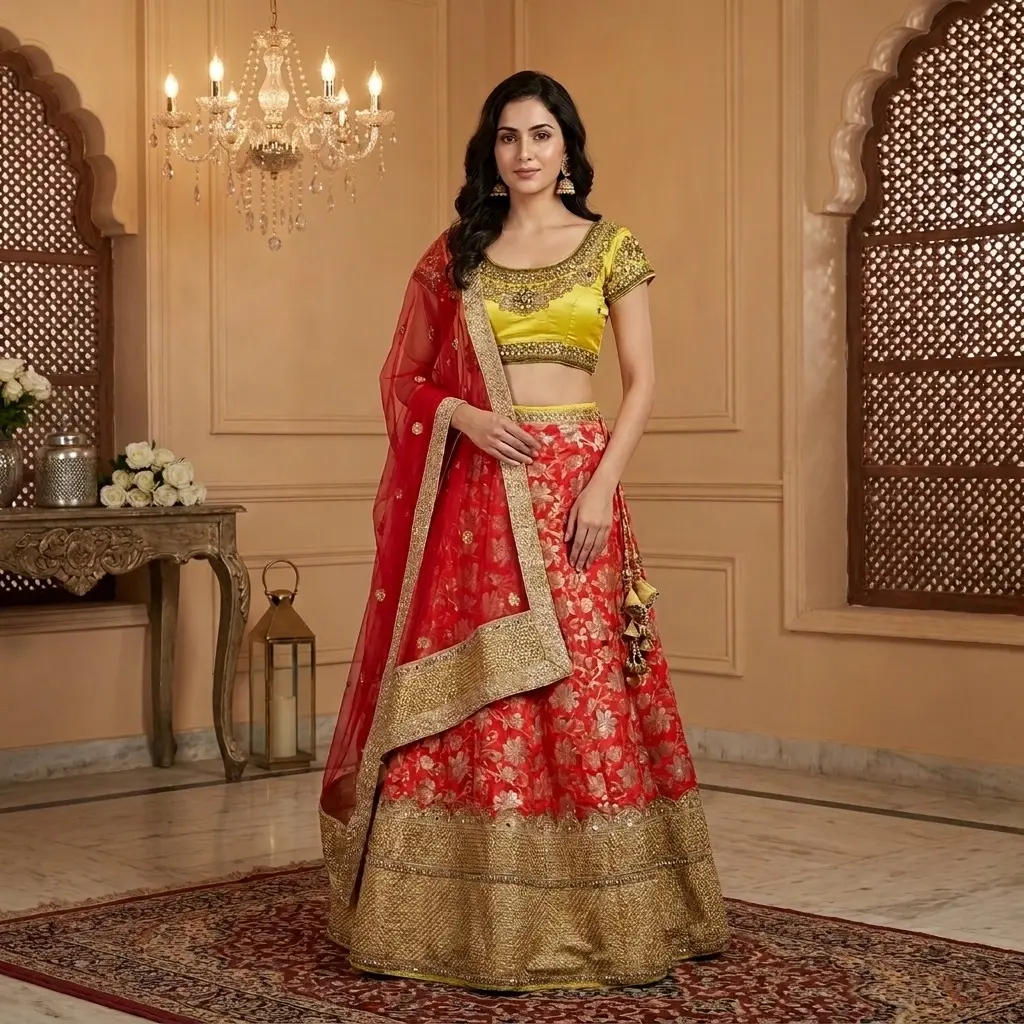 Red and Yellow Brocade Silk Embroidered Bridal Lehenga Set