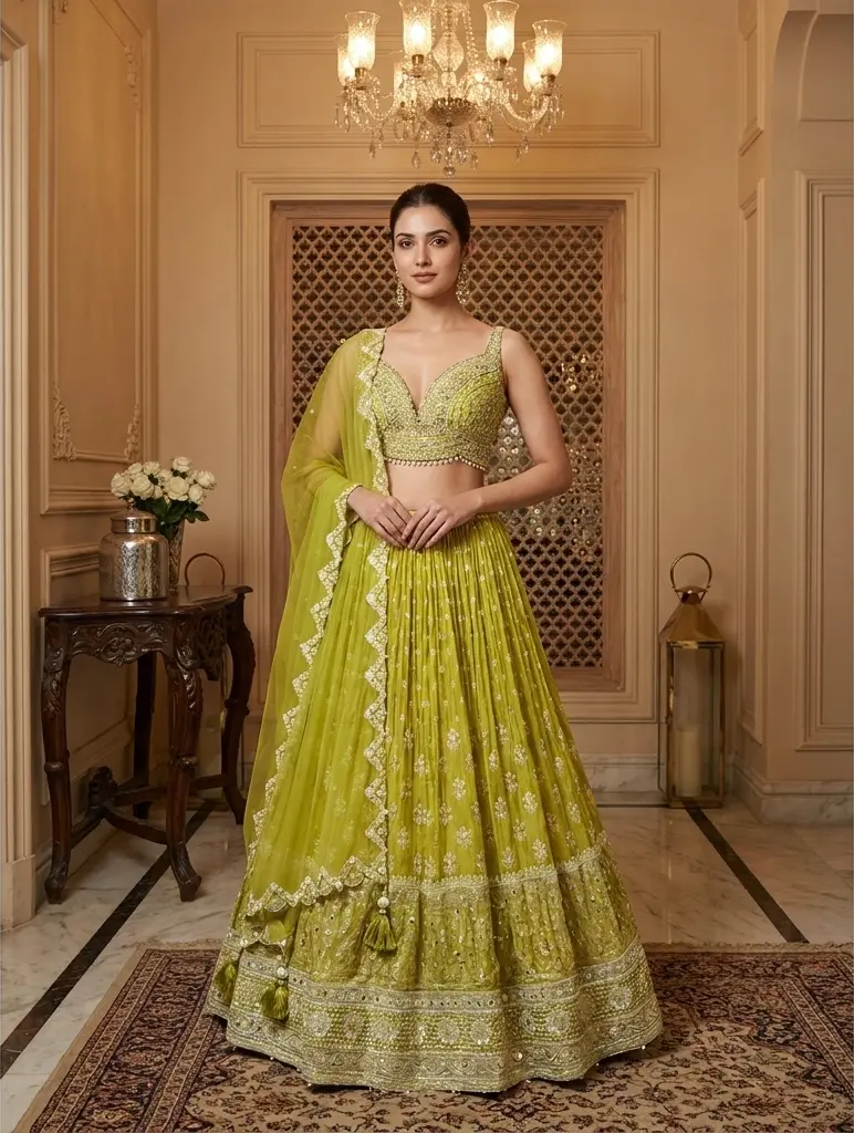 Chartreuse Green Embroidered Georgette Designer Lehenga Choli Set