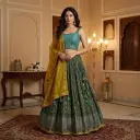 Turquoise Embroidered Choli and Crinkled Green Lehenga Set